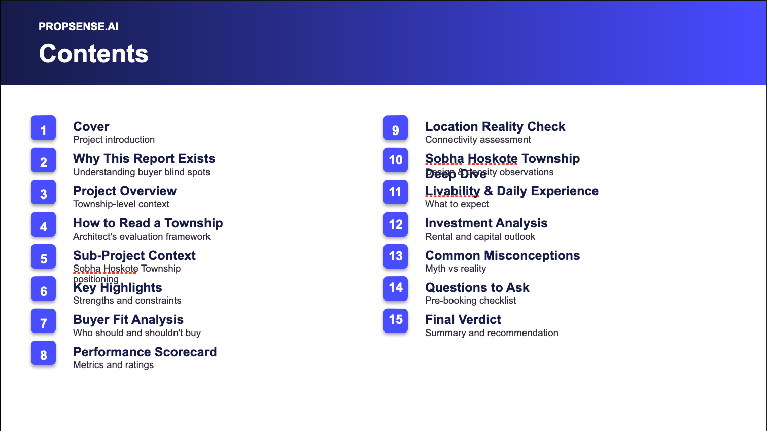 Report Contents — 15 Sections
