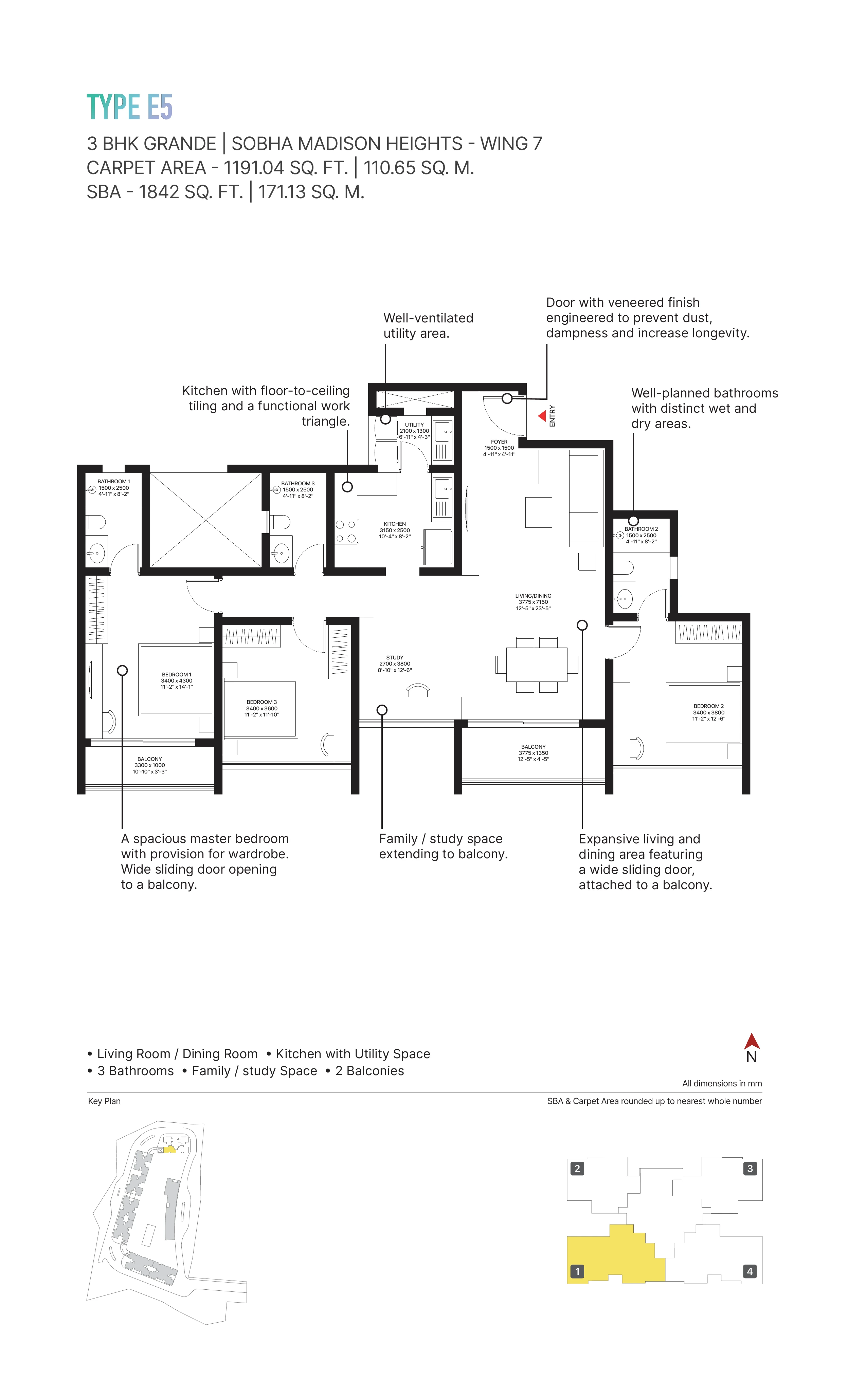 3 BHK Luxe Floor Plan